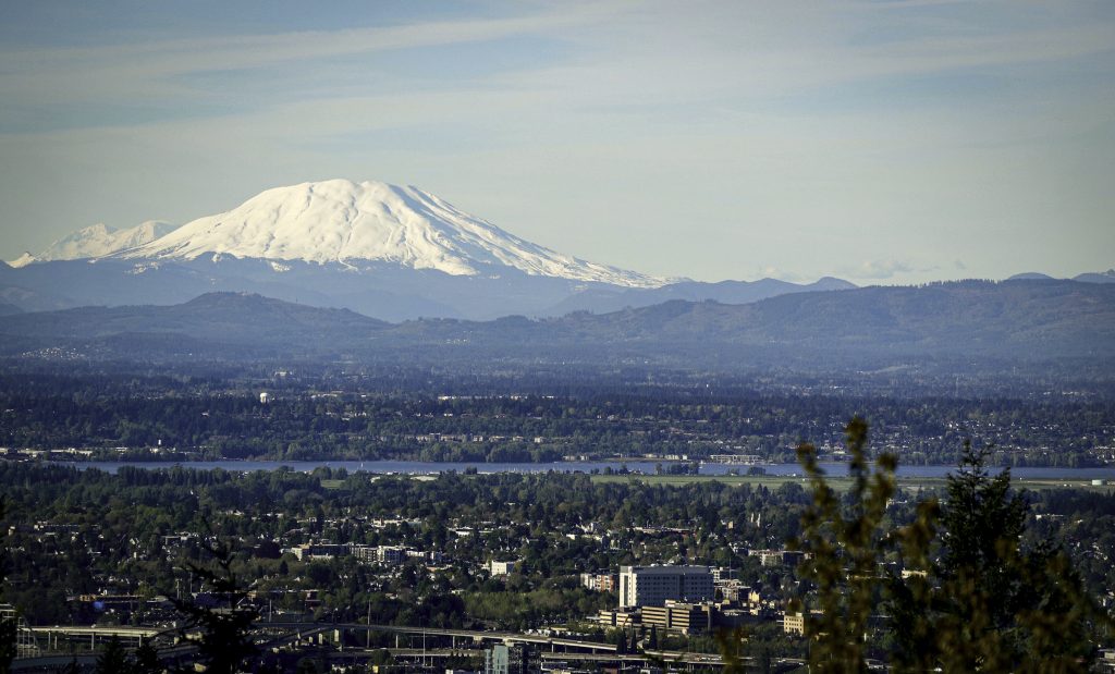 portland oregon with snow capped mountain behind