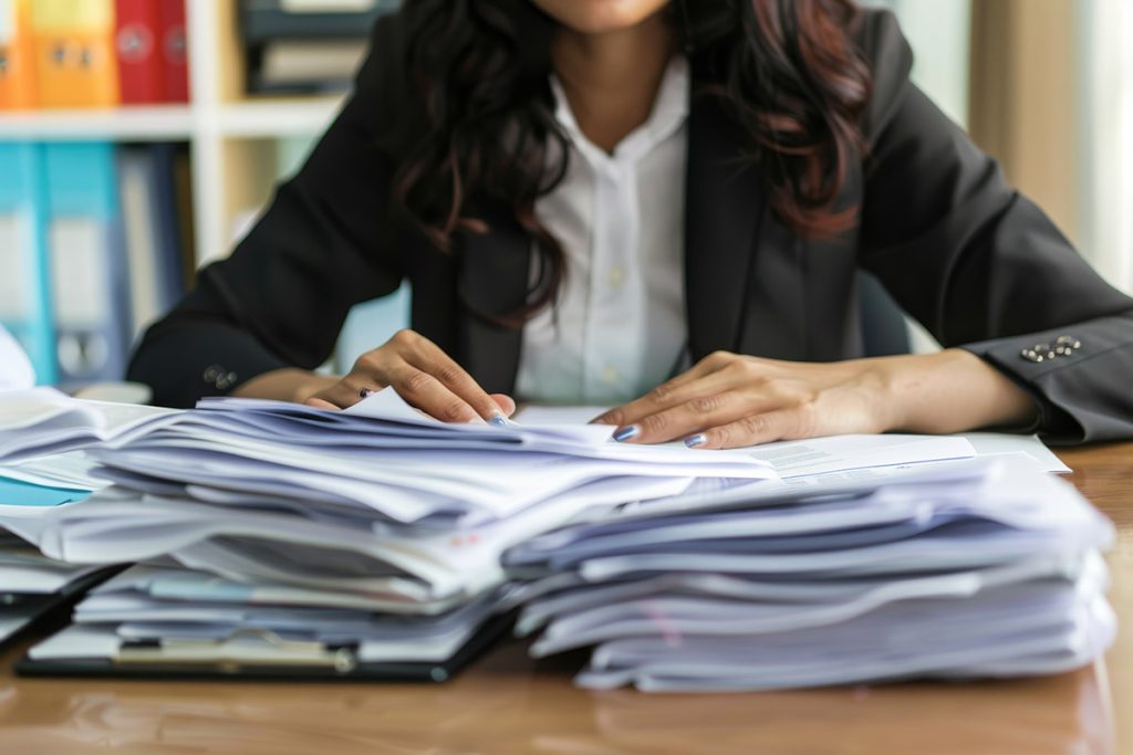 A recruiter reviewing resumes at their desk, surrounded by stacks of applications