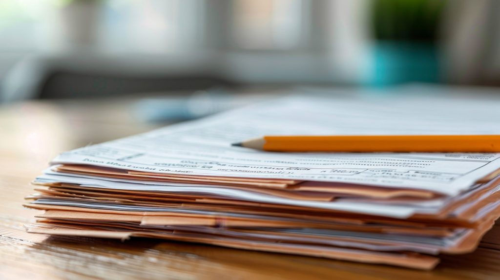 high quality illustration, the image depicts job seekers frustration with a stack of resumes and a broken pencil on a desk, symbolizing unemployment