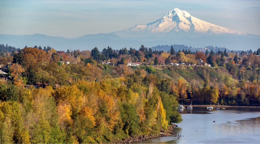 portland oregon with snow capped mountain behind and fall foliage